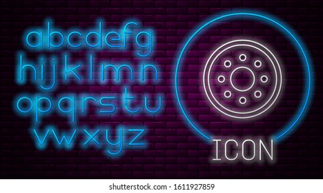 Glowing neon line Round wooden shield icon isolated on brick wall background. Security, safety, protection, privacy, guard concept. Neon light alphabet. Vector Illustration