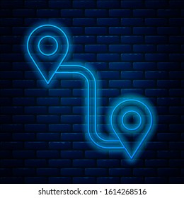 Glowing neon line Route location icon isolated on brick wall background. Map pointer sign. Concept of path or road. GPS navigator.  Vector Illustration