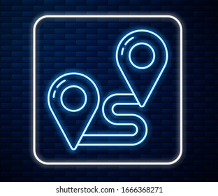 Glowing neon line Route location icon isolated on brick wall background. Map pointer sign. Concept of path or road. GPS navigator.  Vector Illustration