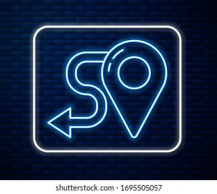 Glowing neon line Route location icon isolated on brick wall background. Map pointer sign. Concept of path or road. GPS navigator.  Vector Illustration