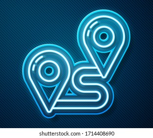 Glowing neon line Route location icon isolated on blue background. Map pointer sign. Concept of path or road. GPS navigator.  Vector Illustration