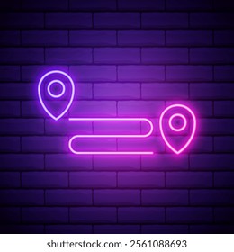 Glowing neon line Route location icon isolated on brick background. Map pointer sign. Concept of path or road. GPS navigator. Colorful outline concept. Vector Illustration.