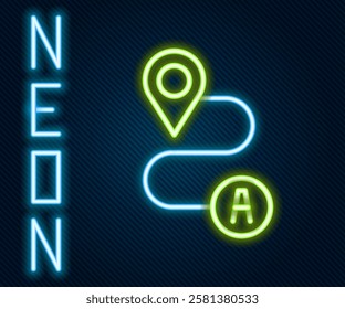 Glowing neon line Route location icon isolated on black background. Map pointer sign. Concept of path or road. GPS navigator. Colorful outline concept. Vector
