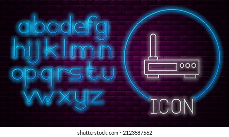 Glowing Neon Line Router And Wi-fi Signal Icon Isolated On Brick Wall Background. Wireless Ethernet Modem Router. Computer Technology Internet. Neon Light Alphabet. Vector