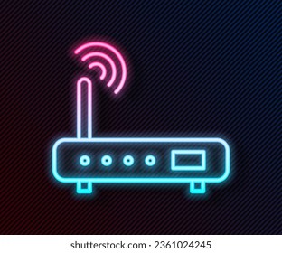 Glowing neon line Router and wi-fi signal icon isolated on black background. Wireless ethernet modem router. Computer technology internet.  Vector Illustration
