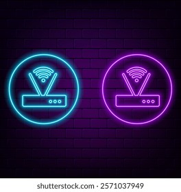 Glowing neon line Router and wi-fi signal icon isolated on brick wall background. Wireless ethernet modem router. Computer technology internet.