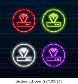 Glowing neon line router and wifi signal symbol icon isolated on black background. Wireless ethernet modem router. Internet of computer technology. Colorful Outline Concept.