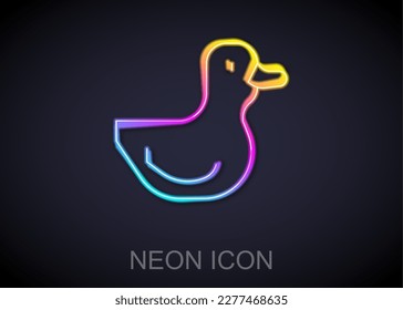 Glowing neon line Rubber duck icon isolated on black background.  Vector