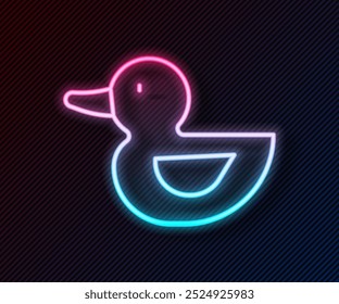 Icono de pato de goma de línea de neón brillante aislado sobre fondo negro.  Vector