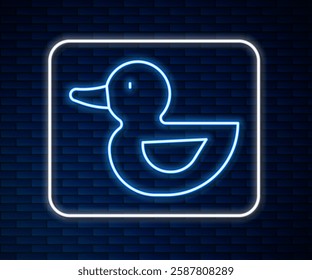 Glowing neon line Rubber duck icon isolated on brick wall background.  Vector