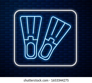 Glowing neon line Rubber flippers for swimming icon isolated on brick wall background. Diving equipment. Extreme sport. Sport equipment.  Vector Illustration