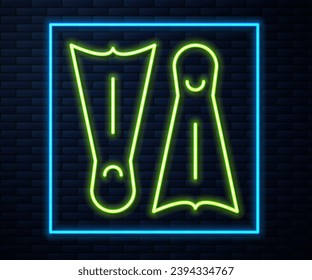 Glowing neon line Rubber flippers for swimming icon isolated on brick wall background. Diving equipment. Extreme sport. Diving underwater equipment.  Vector