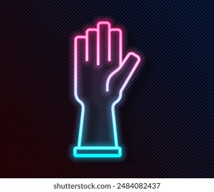 Glowing neon line Rubber gloves icon isolated on black background. Latex hand protection sign. Housework cleaning equipment symbol.  Vector