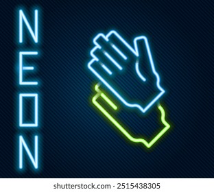 Glowing neon line Rubber gloves icon isolated on black background. Latex hand protection sign. Housework cleaning equipment symbol. Colorful outline concept. Vector