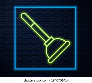 Glowing neon line Rubber plunger with wooden handle for pipe cleaning icon isolated on brick wall background. Toilet plunger.  Vector