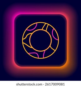 Glowing neon line Rubber swimming ring icon isolated on black background. Life saving floating lifebuoy for beach, rescue belt for saving people. Colorful outline concept. Vector