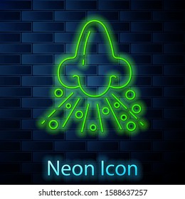 Glowing neon line Runny nose icon isolated on brick wall background. Rhinitis symptoms, treatment. Nose and sneezing. Nasal diseases.  Vector Illustration