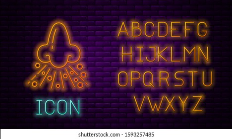 Glowing neon line Runny nose icon isolated on brick wall background. Rhinitis symptoms, treatment. Nose and sneezing. Nasal diseases. Neon light alphabet. Vector Illustration