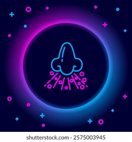 Glowing neon line Runny nose icon isolated on black background. Rhinitis symptoms, treatment. Nose and sneezing. Nasal diseases. Colorful outline concept. Vector