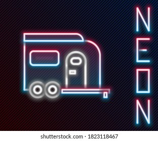 Glowing neon line Rv Camping trailer icon isolated on black background. Travel mobile home, caravan, home camper for travel. Colorful outline concept. Vector Illustration