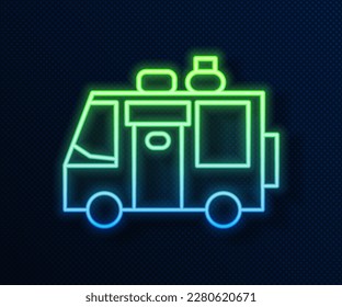 Glowing neon line Rv Camping trailer icon isolated on blue background. Travel mobile home, caravan, home camper for travel.  Vector Illustration