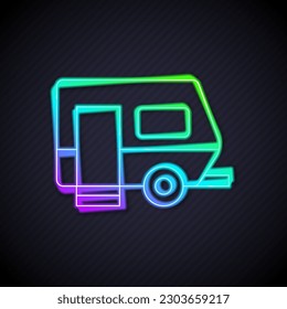 Glowing neon line Rv Camping trailer icon isolated on black background. Travel mobile home, caravan, home camper for travel.  Vector