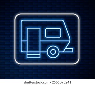 Glowing neon line Rv Camping trailer icon isolated on brick wall background. Travel mobile home, caravan, home camper for travel.  Vector