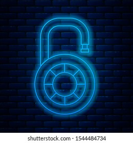 Glowing neon line Safe combination lock wheel icon isolated on brick wall background. Combination padlock. Security, safety, protection, password, privacy.  Vector Illustration