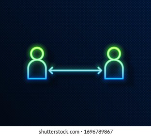 Glowing neon line Safe distance icon isolated on blue background. Viruses and people keeping distance for infection risk.  Vector Illustration