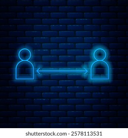 Glowing neon line Safe distance icon isolated on brick wall background. Viruses and people keeping distance for infection risk.  Vector Illustration