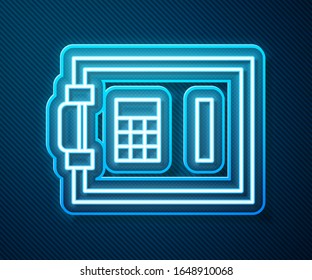 Glowing neon line Safe icon isolated on blue background. The door safe a bank vault with a combination lock. Reliable Data Protection.  Vector Illustration