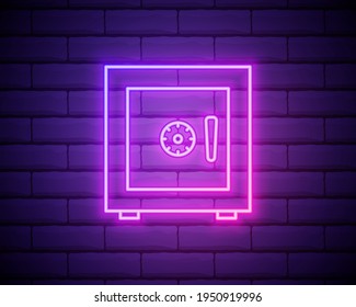 Glowing neon line Safe icon isolated on brick wall background. The door safe a bank vault with a combination lock. Reliable Data Protection. Colorful outline concept. Vector.