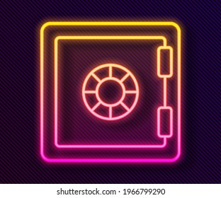 Glowing neon line Safe icon isolated on black background. The door safe a bank vault with a combination lock. Reliable Data Protection.  Vector