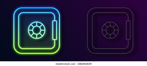 Glowing Neon Line Safe Icon Isolated On Black Background. The Door Safe A Bank Vault With A Combination Lock. Reliable Data Protection.  Vector