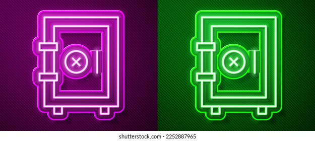 Glowing neon line Safe icon isolated on purple and green background. The door safe a bank vault with a combination lock. Reliable Data Protection.  Vector