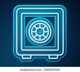 Icono de la línea de neón brillante Safe aislado en el fondo azul. La puerta protege una bóveda de banco con una cerradura combinada. Protección de datos fiable.  Vector