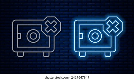 Glowing neon line Safe icon isolated on brick wall background. The door safe a bank vault with a combination lock. Reliable Data Protection.  Vector