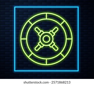 Glowing neon line Safe icon isolated on brick wall background. The door safe a bank vault with a combination lock. Reliable Data Protection.  Vector Illustration