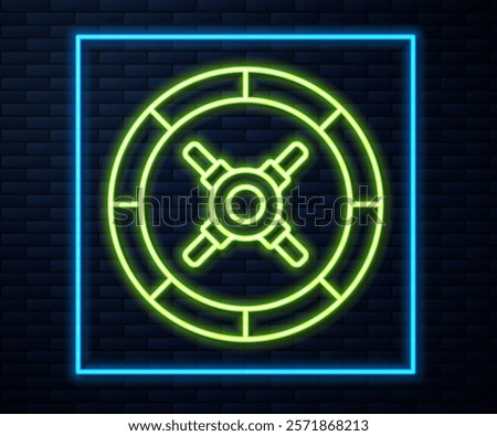 Glowing neon line Safe icon isolated on brick wall background. The door safe a bank vault with a combination lock. Reliable Data Protection.  Vector Illustration