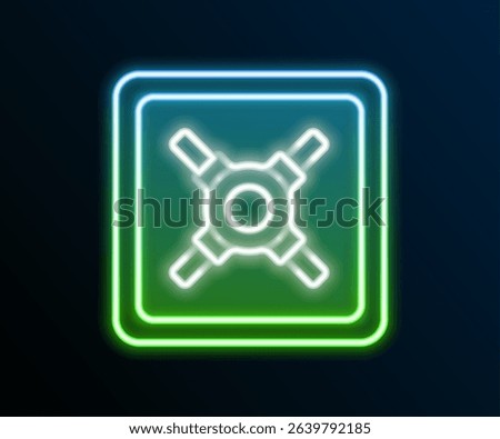 Glowing neon line Safe icon isolated on black background. The door safe a bank vault with a combination lock. Reliable Data Protection. Colorful outline concept. Vector