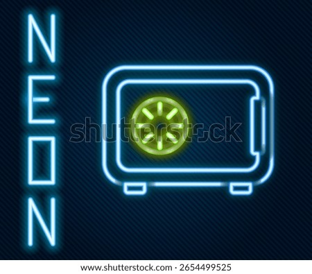 Glowing neon line Safe icon isolated on black background. The door safe a bank vault with a combination lock. Reliable Data Protection. Colorful outline concept. Vector Illustration