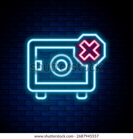 Glowing neon line Safe icon isolated on brick wall background. The door safe a bank vault with a combination lock. Reliable Data Protection. Colorful outline concept. Vector