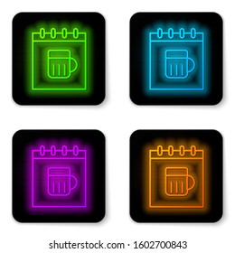 Glowing neon line Saint Patricks day with calendar icon isolated on white background. Four leaf clover symbol. Date 17 March. Black square button. Vector Illustration