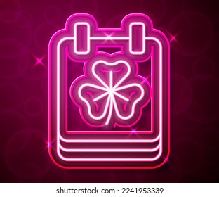Glowing neon line Saint Patricks day with calendar icon isolated on red background. Date 17 March.  Vector