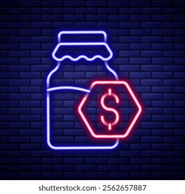 Glowing neon line Sale in jar of honey icon isolated on brick wall background. Food bank. Sweet natural food symbol. Colorful outline concept. Vector