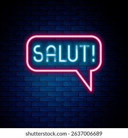 Glowing neon line Salut in different languages icon isolated on brick wall background. Speech bubbles. Colorful outline concept. Vector