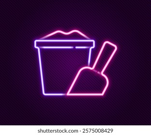 Glowing neon line Sand in bucket with shovel icon isolated on black background. Plastic kid toy. Summer icon. Colorful outline concept. Vector