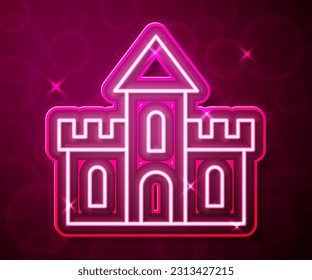 Glowing neon line Sand castle icon isolated on red background.  Vector