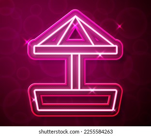 Glowing neon line Sandbox for kids with sand and umbrella icon isolated on red background.  Vector