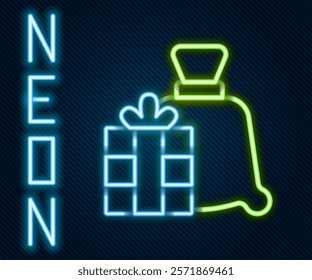 Glowing neon line Santa Claus bag gift icon isolated on black background. Christmas presents sack. Merry Christmas and Happy New Year. Colorful outline concept. Vector